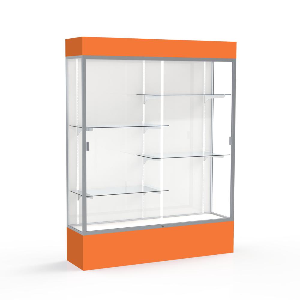 Spirit  60''W x 80''H x 16''D  Lighted Floor Case, White Back, Satin Finish, Orange Base and Top - Waddell