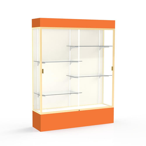 Spirit  60''W x 80''H x 16''D  Lighted Floor Case, Plaque Back, Champagne Finish, Orange Base and Top - Waddell