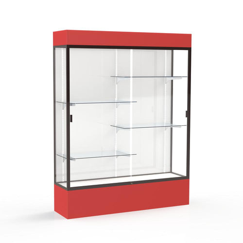 Spirit  60''W x 80''H x 16''D  Lighted Floor Case, White Back, Dk. Bronze Finish, Red Base and Top - Waddell
