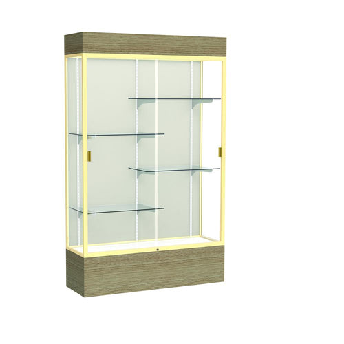 Reliant   48''W x 80''H x 16''D  Lighted Floor Case, Plaque Back, Champagne Finish,  Driftwood Base - Waddell