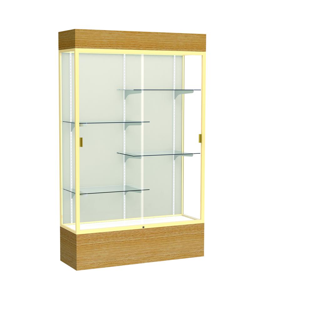 Reliant   48''W x 80''H x 16''D  Lighted Floor Case, Plaque Back, Champagne Finish,  Natural Oak Base - Waddell