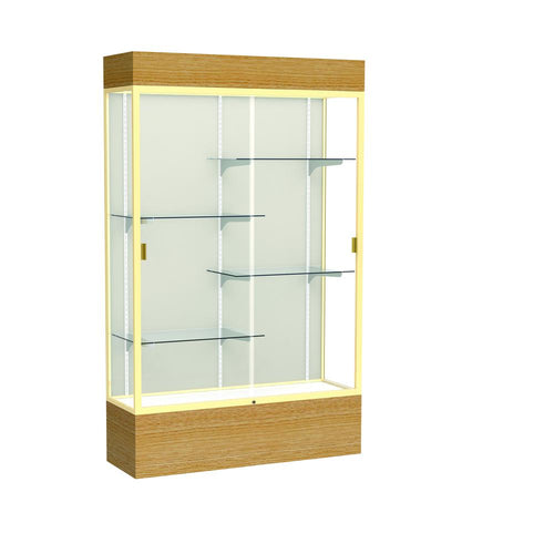 Reliant   48''W x 80''H x 16''D  Lighted Floor Case, Plaque Back, Champagne Finish,  Natural Oak Base - Waddell