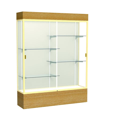 Reliant   60''W x 80''H x 16''D  Lighted Floor Case, Plaque Back, Champagne Finish,  Natural Oak Base - Waddell
