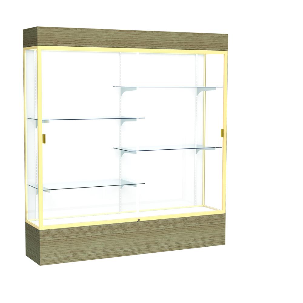 Reliant   72''W x 80''H x 16''D  Lighted Floor Case, White Back, Champagne Finish,  Driftwood Base - Waddell