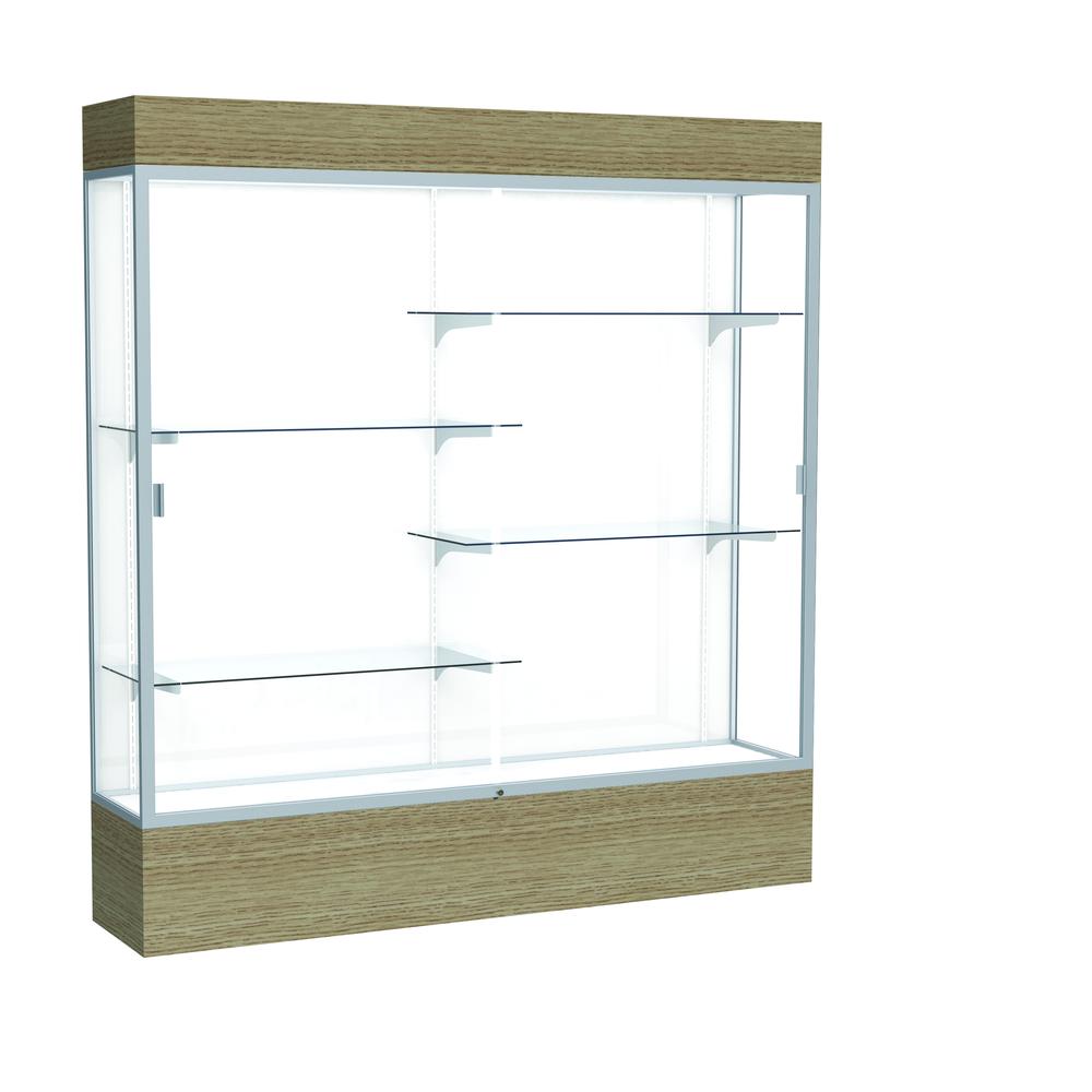 Reliant   72''W x 80''H x 16''D  Lighted Floor Case, White Back, Satin Finish,  Driftwood Base - Waddell
