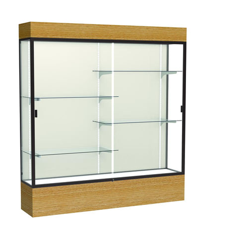 Reliant   72''W x 80''H x 16''D  Lighted Floor Case, Plaque Back, Dk. Bronze Finish,  Natural Oak Base - Waddell