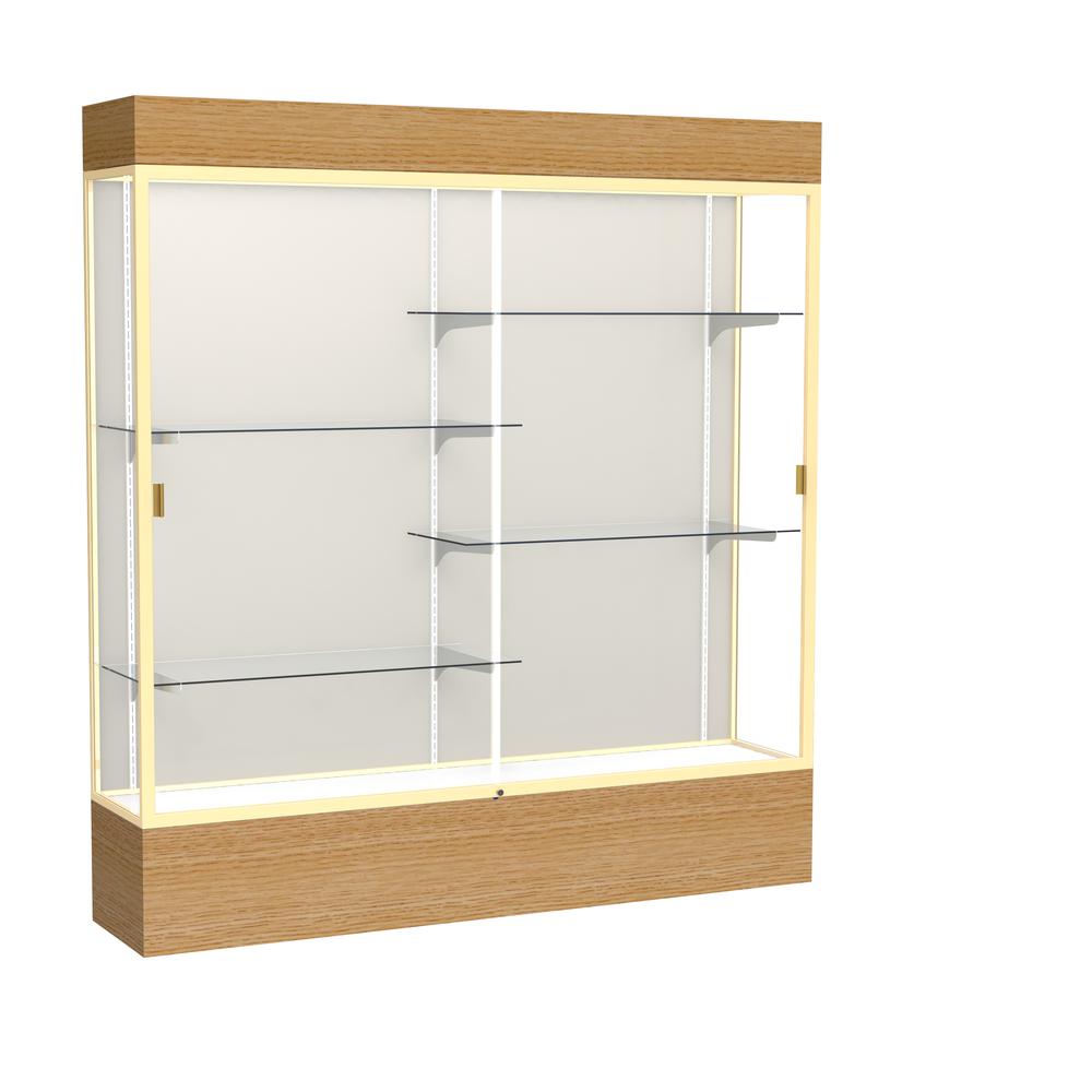 Reliant   72''W x 80''H x 16''D  Lighted Floor Case, Plaque Back, Champagne Finish,  Natural Oak Base - Waddell