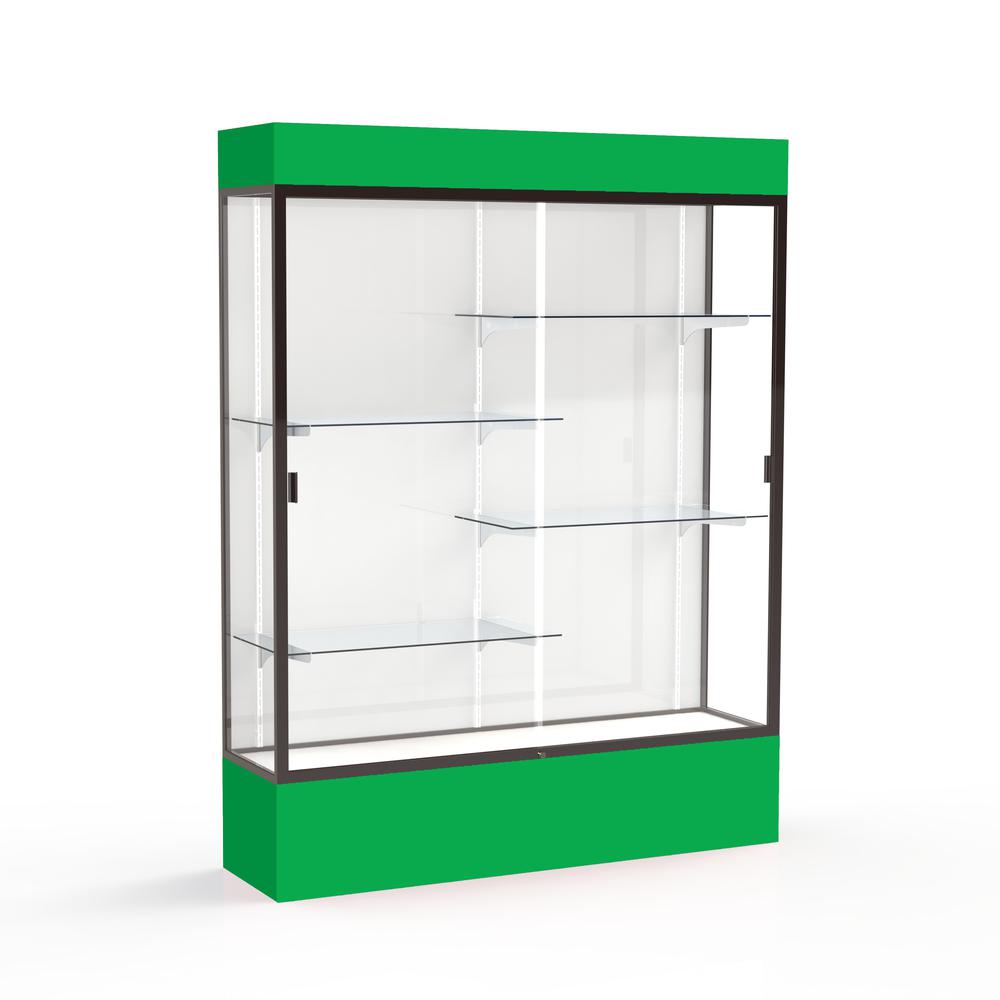 Spirit  60''W x 80''H x 16''D  Lighted Floor Case, White Back, Dk. Bronze Finish, Kelly Green Base and Top - Waddell