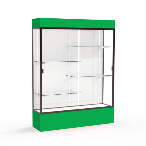 Spirit  60''W x 80''H x 16''D  Lighted Floor Case, White Back, Dk. Bronze Finish, Kelly Green Base and Top - Waddell
