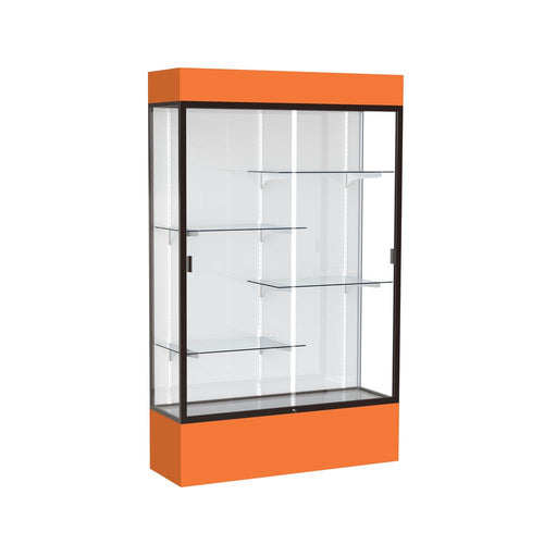Spirit  48''W x 80''H x 16''D  Lighted Floor Case, White Back, Dk. Bronze Finish, Orange Base and Top - Waddell