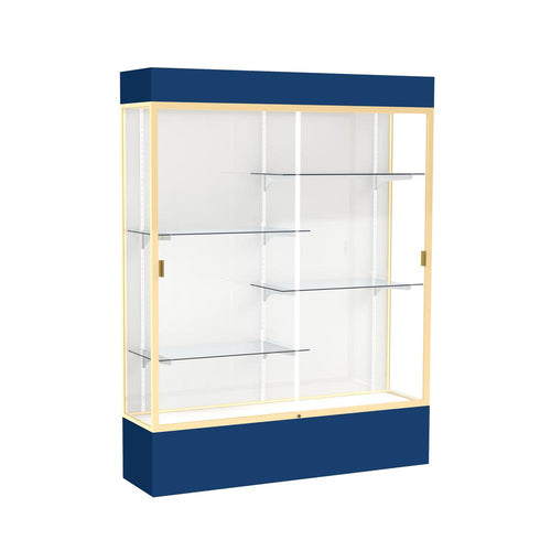 Spirit  60''W x 80''H x 16''D  Lighted Floor Case, White Back, Champagne Finish, Navy Base and Top - Waddell