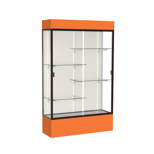 Spirit  48''W x 80''H x 16''D  Lighted Floor Case, Plaque Back, Dk. Bronze Finish, Orange Base and Top - Waddell