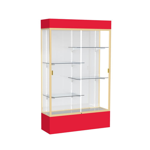 Spirit  48''W x 80''H x 16''D  Lighted Floor Case, White Back, Champagne Finish, Red Base and Top - Waddell
