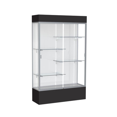 Spirit  48''W x 80''H x 16''D  Lighted Floor Case, White Back, Satin Finish, Black Base and Top - Waddell
