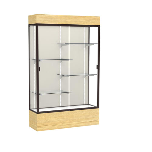 Reliant   48''W x 80''H x 16''D  Lighted Floor Case, Plaque Back, Dk. Bronze Finish,  Lt. Oak Vinyl Base - Waddell