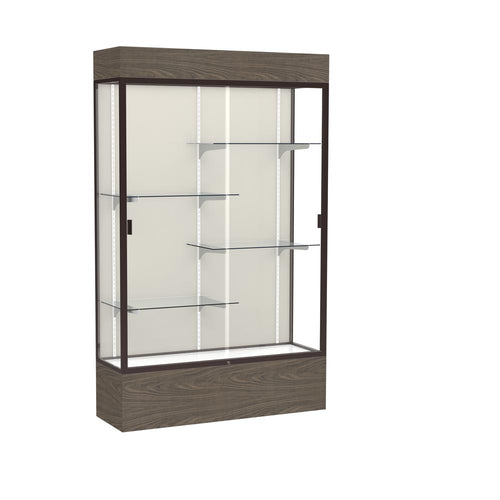 Reliant   48''W x 80''H x 16''D  Lighted Floor Case, Plaque Back, Dk. Bronze Finish,  Walnut Vinyl Base - Waddell