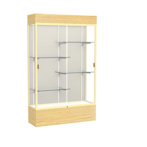 Reliant   48''W x 80''H x 16''D  Lighted Floor Case, Plaque Back, Champagne Finish,  Lt. Oak Vinyl Base - Waddell