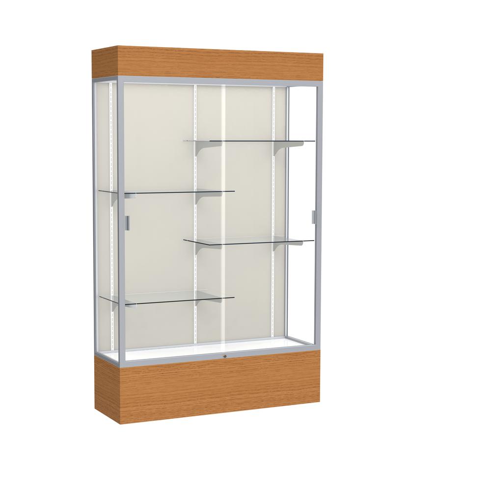 Reliant   48''W x 80''H x 16''D  Lighted Floor Case, Plaque Back, Satin Finish,  Carmel Oak Base - Waddell