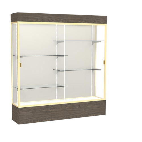 Reliant   72''W x 80''H x 16''D  Lighted Floor Case, Plaque Back, Champagne Finish,  Walnut Vinyl Base - Waddell