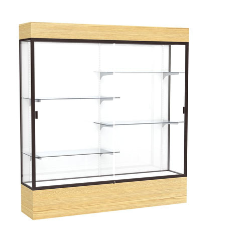 Reliant   72''W x 80''H x 16''D  Lighted Floor Case, White Back, Dk. Bronze Finish,  Lt. Oak Vinyl Base - Waddell