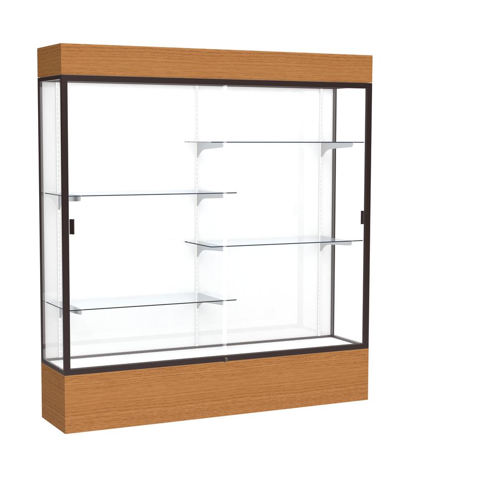 Reliant   72''W x 80''H x 16''D  Lighted Floor Case, White Back, Dk. Bronze Finish,  Carmel Oak Base - Waddell