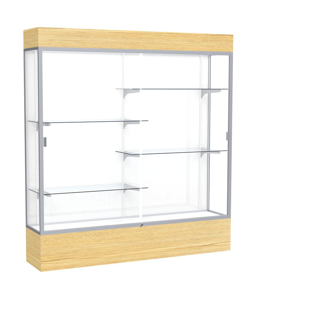 Reliant   72''W x 80''H x 16''D  Lighted Floor Case, White Back, Satin Finish,  Lt. Oak Vinyl Base - Waddell