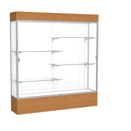 Reliant   72''W x 80''H x 16''D  Lighted Floor Case, White Back, Satin Finish,  Carmel Oak Base - Waddell