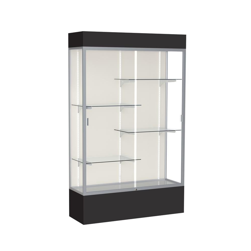 Spirit  48''W x 80''H x 16''D  Lighted Floor Case, Plaque Back, Satin Finish, Black Base and Top - Waddell