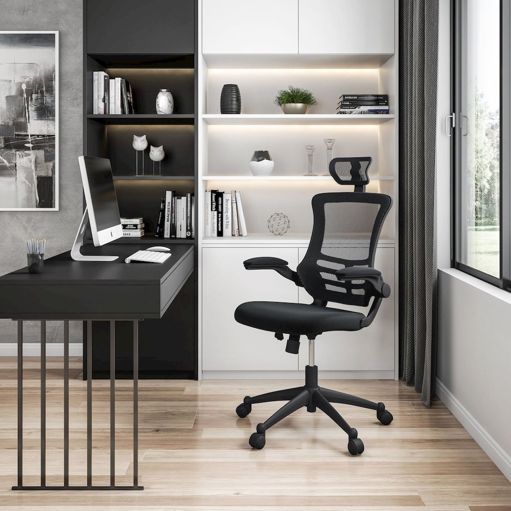 Modern High-Back Mesh Executive Office Chair With Headrest And Flip Up Arms. Color: Black - Techni Mobili