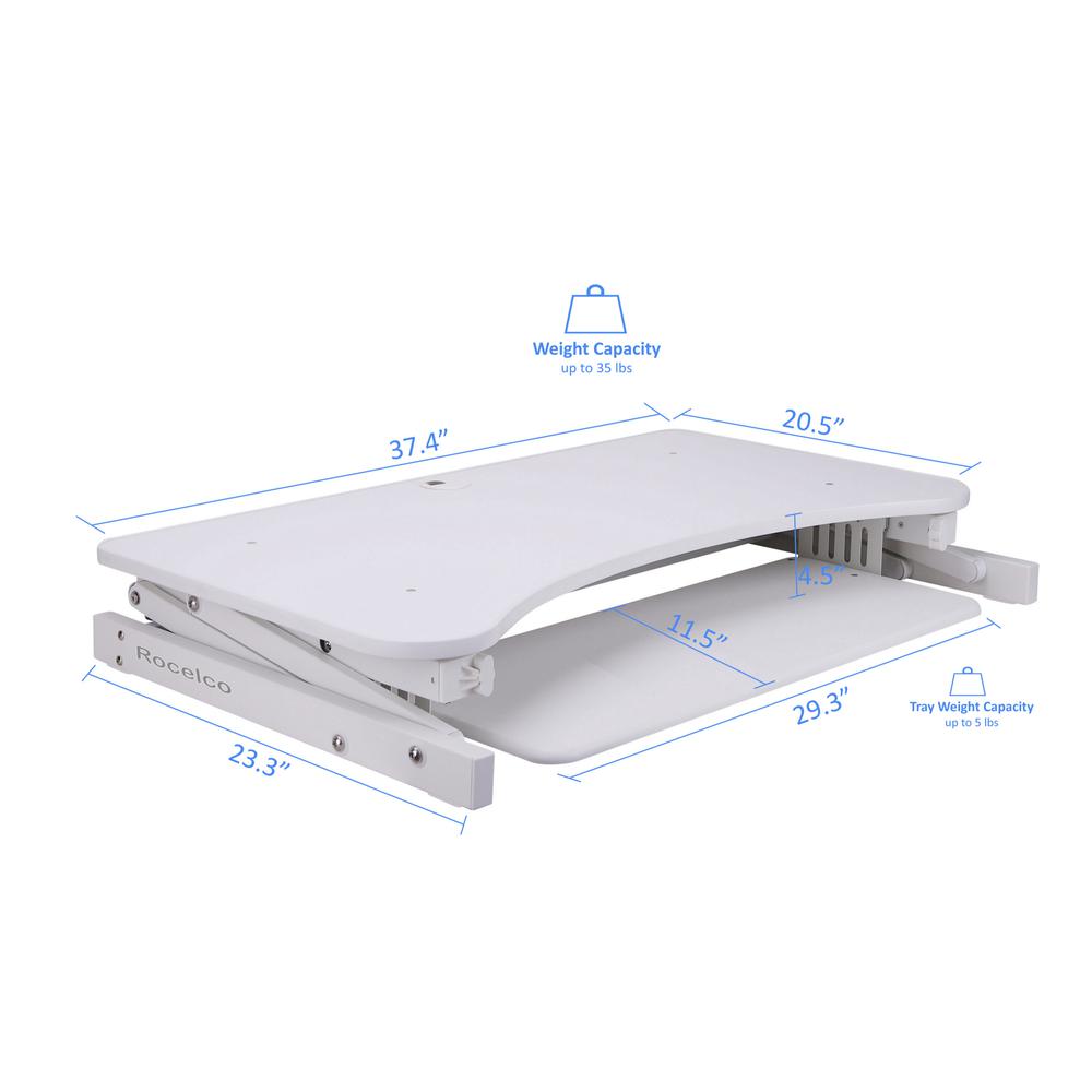 Rocelco 37.5'' Deluxe Height Adjustable Standing Desk Converter with Anti Fatigue Mat BUNDLE - Quick Sit Stand Up Computer Workstation Riser - Large Retractable Keyboard Tray - White (R DADRW-MAFM)
