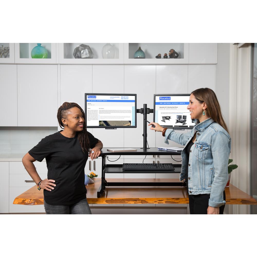 Rocelco 37.5'' Deluxe Height Adjustable Standing Desk Converter with Dual Monitor Mount BUNDLE - Quick Sit Stand Up Computer Workstation Riser - Large Retractable Keyboard Tray - Black (R DADRB-DM2)