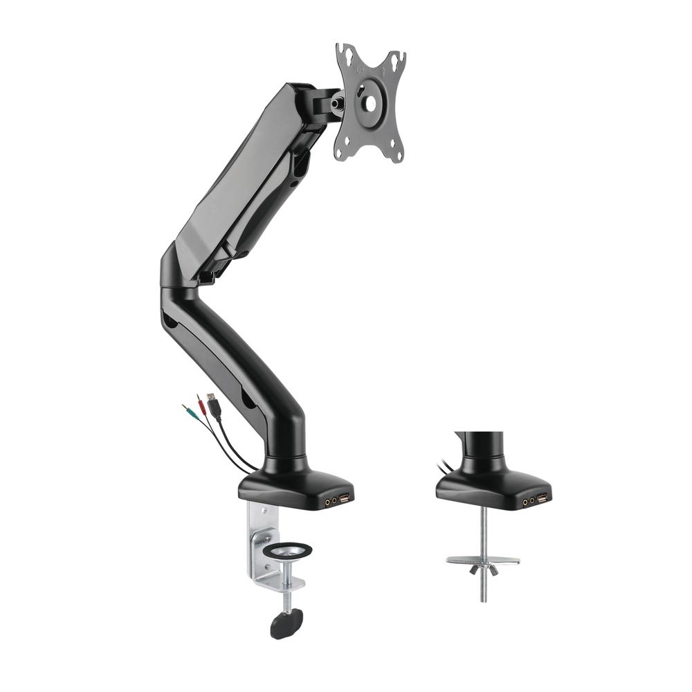 Rocelco Premium Desk Computer Monitor Mount with USB 2.0 And Audio Port - Fits Single 13'' - 27'' LED LCD Flat Screen - Pneumatic Full Motion Assist Adjustable Arm - Grommet and C Clamp - Black (R MA1)
