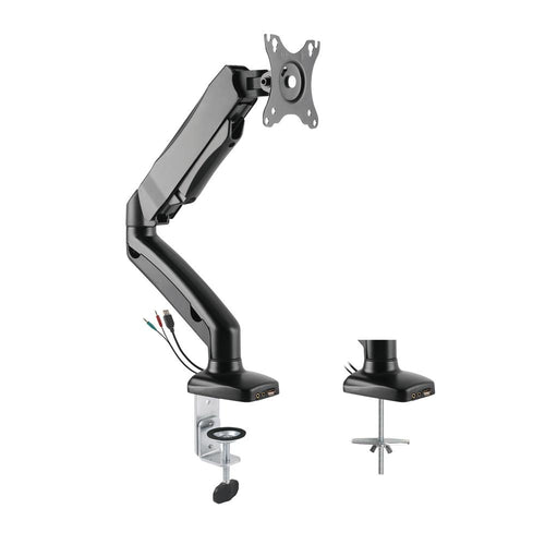 Rocelco Premium Desk Computer Monitor Mount with USB 2.0 And Audio Port - Fits Single 13'' - 27'' LED LCD Flat Screen - Pneumatic Full Motion Assist Adjustable Arm - Grommet and C Clamp - Black (R MA1)