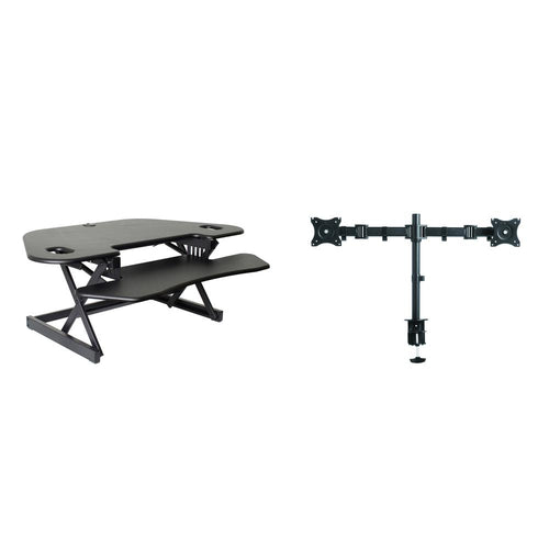 Rocelco 46'' Height Adjustable Corner Standing Desk Converter with Dual Monitor Arm BUNDLE - Quick Sit Stand Up Computer Workstation Riser - Extra Large Keyboard Tray - Black (R CADRB-46-DM2)