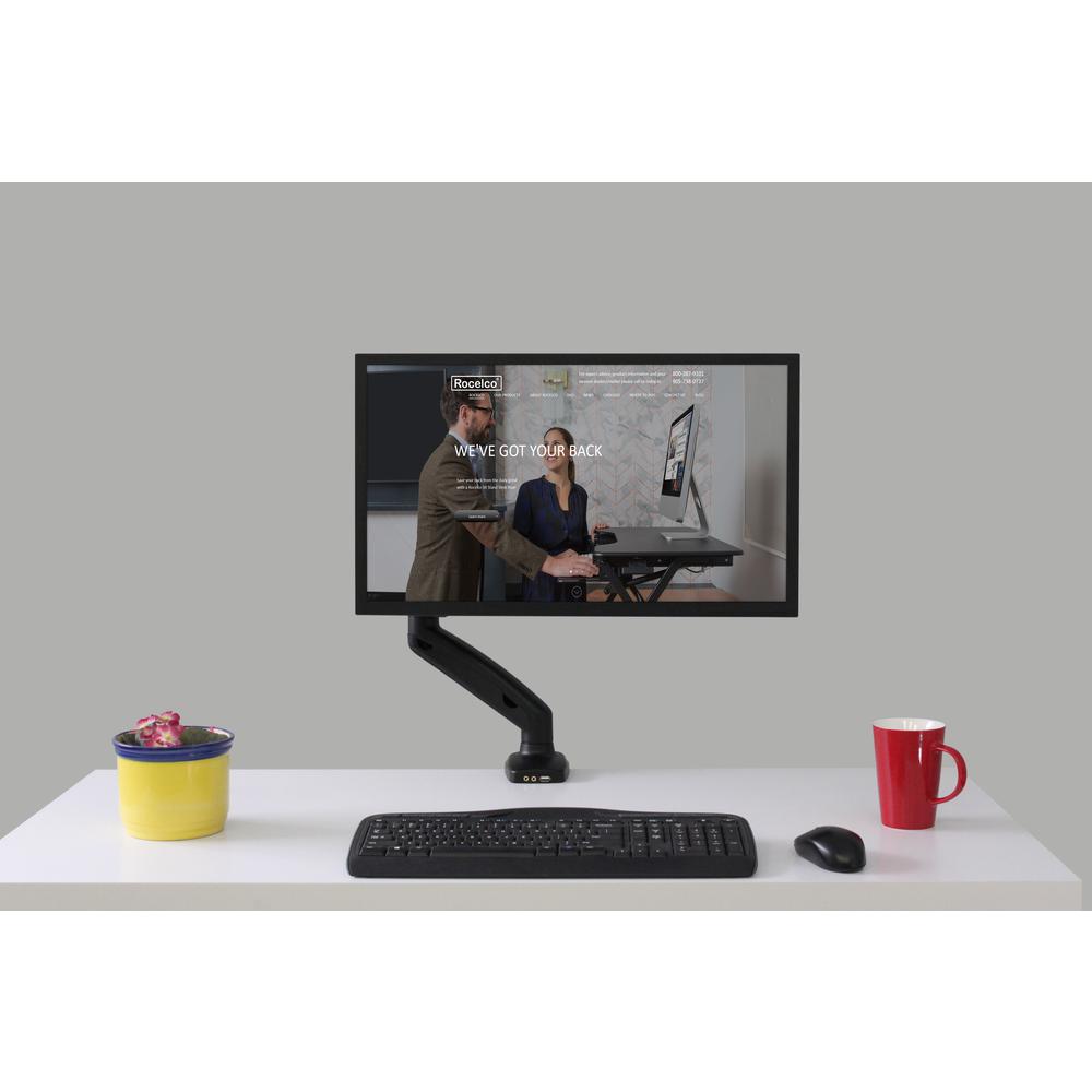 Rocelco Premium Desk Computer Monitor Mount with USB 2.0 And Audio Port - Fits Single 13'' - 27'' LED LCD Flat Screen - Pneumatic Full Motion Assist Adjustable Arm - Grommet and C Clamp - Black (R MA1)
