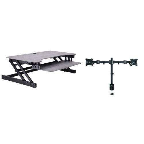 Rocelco 37.5'' Deluxe Height Adjustable Standing Desk Converter with Dual Monitor Mount BUNDLE - Quick Sit Stand Up Computer Workstation Riser - Large Retractable Keyboard Tray - Gray (R DADRG-DM2)