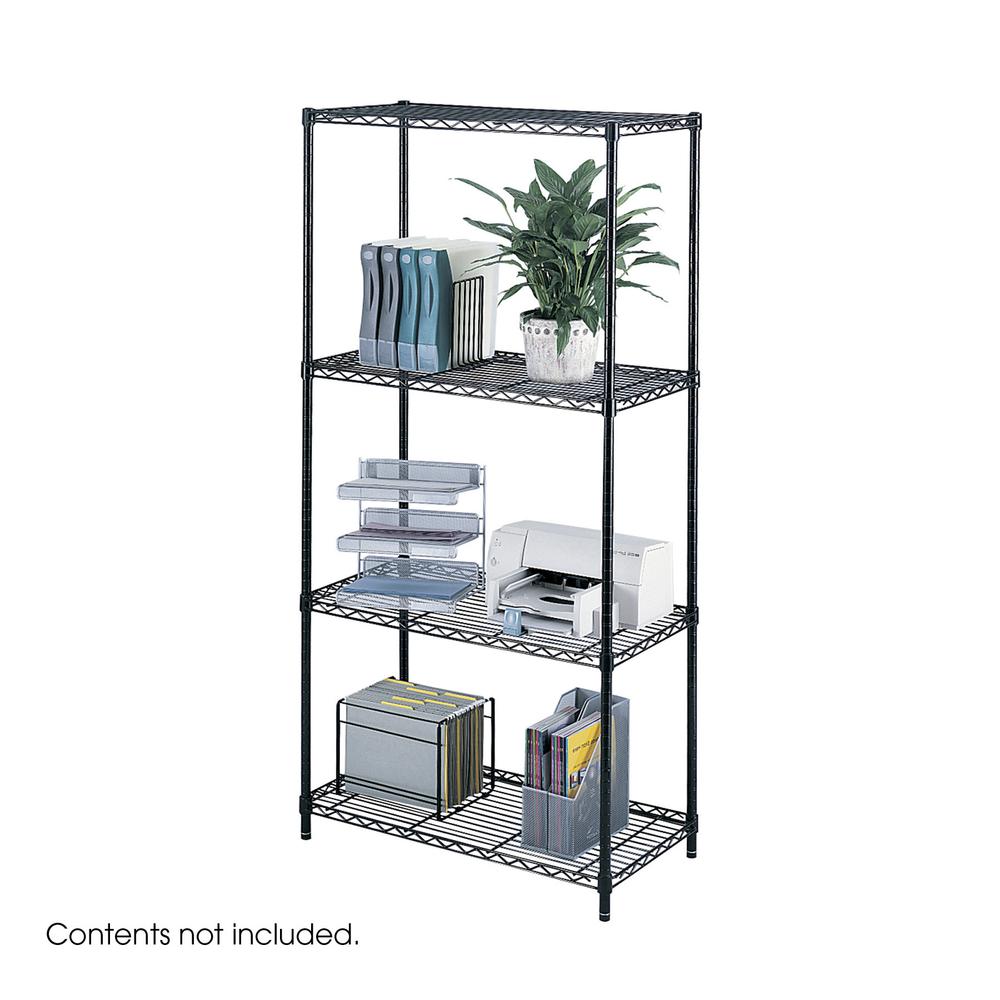 Safco Industrial Wire Shelving - 36'' x 18'' x 72'' - 4 x Shelf(ves) - Rust Proof, Leveling Glide, Adjustable Leveler, Adjustable Feet, Dust Proof - Black - Powder Coated - Steel, Plastic - Assembly Requ