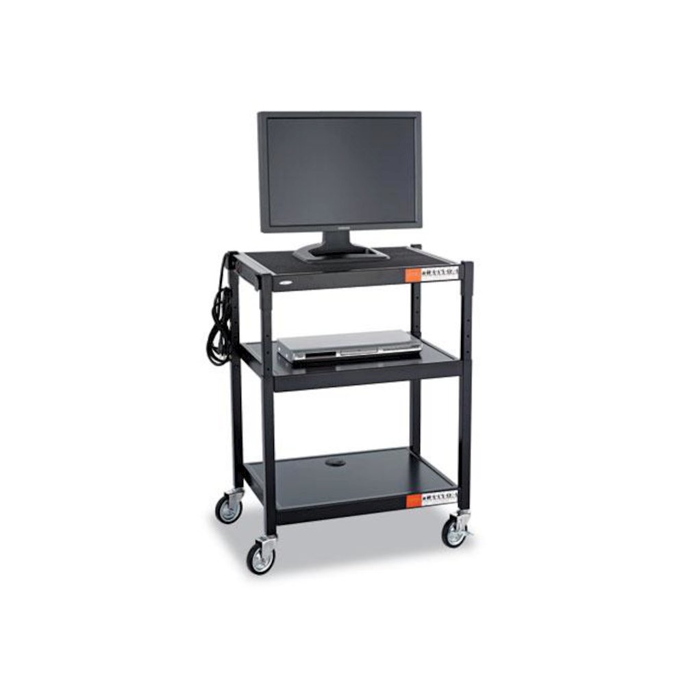 Adjustable-Height Steel AV Cart, Metal, 3 Shelves, (5) AC Outlets, 120 lb Capacity, 27.25'' x 18.25'' x 36.5'', Black - Safco