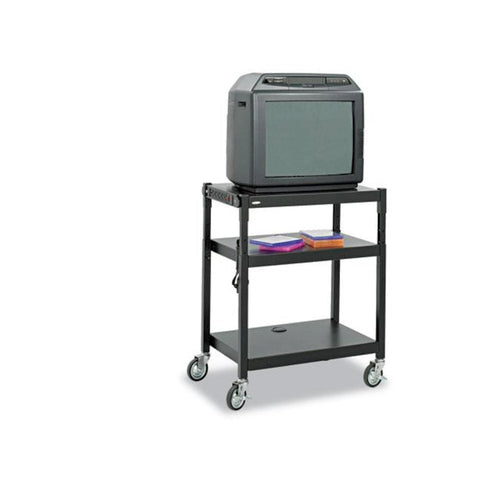 Adjustable-Height Steel AV Cart, Metal, 3 Shelves, (5) AC Outlets, 120 lb Capacity, 27.25'' x 18.25'' x 36.5'', Black - Safco