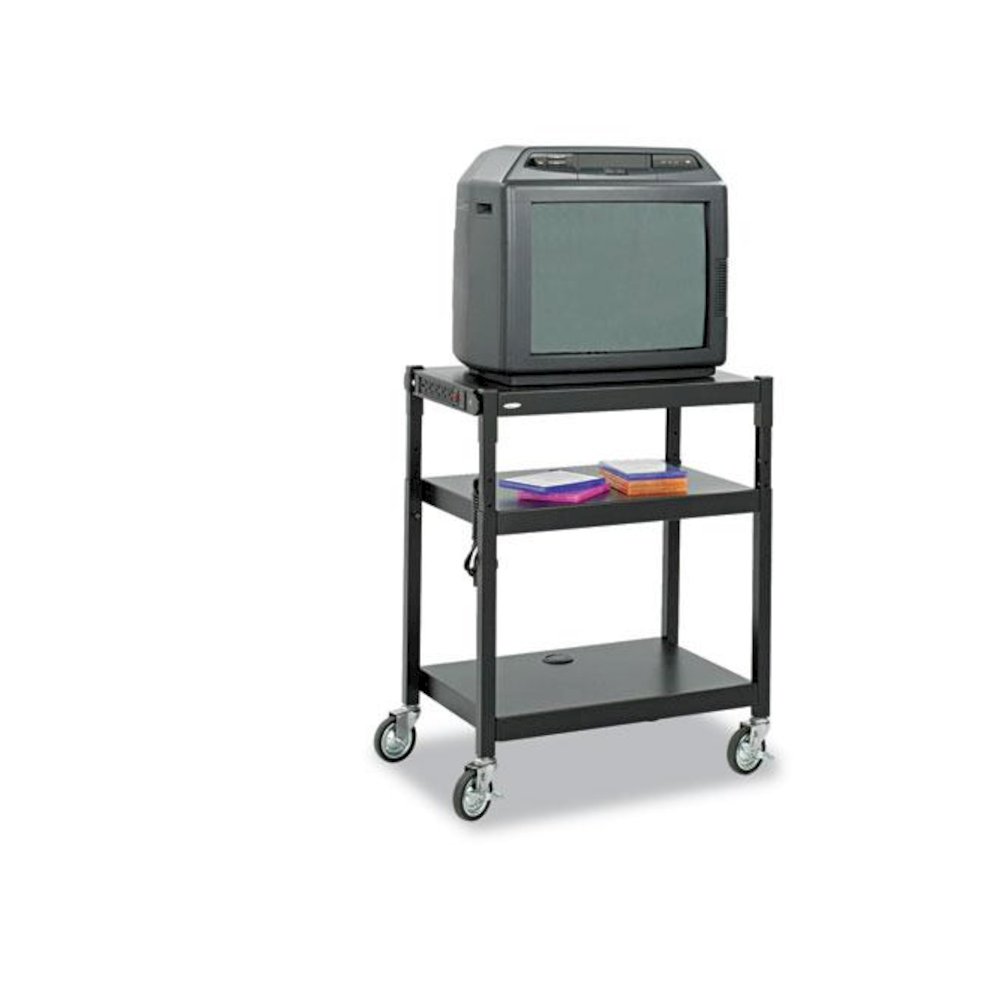 Adjustable-Height Steel AV Cart, Metal, 3 Shelves, (5) AC Outlets, 120 lb Capacity, 27.25'' x 18.25'' x 36.5'', Black - Safco