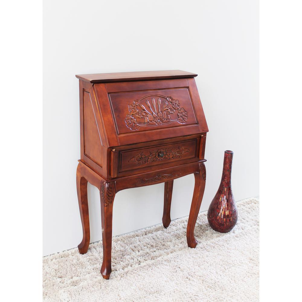 Small Carved Secretary Desk with Fold Out Front - International Caravan