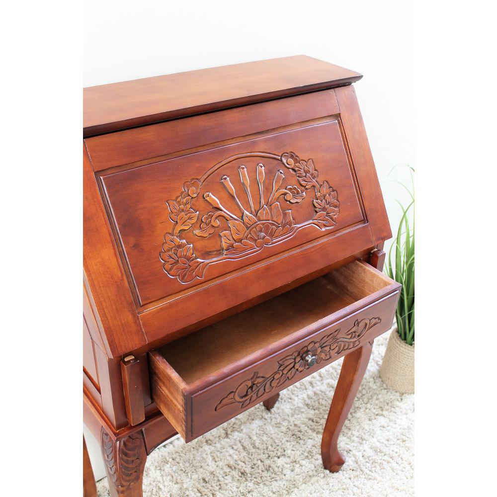 Small Carved Secretary Desk with Fold Out Front - International Caravan