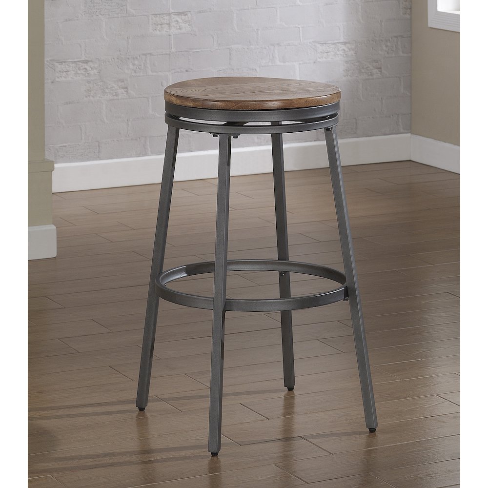 Stockton 25'' Backless Metal Swivel Stool - Slate Grey - Golden Oak Seat - American Woodcrafters