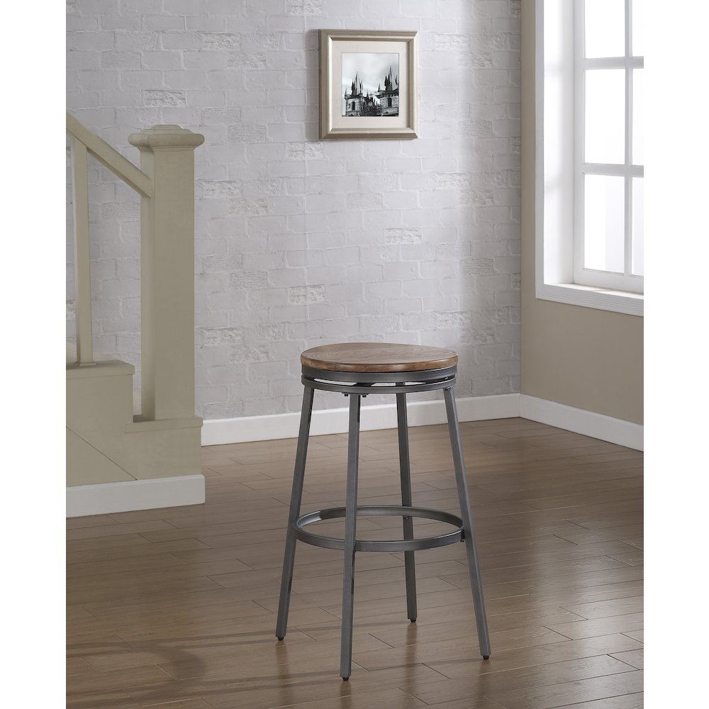 Stockton 30'' Backless Metal Swivel Stool - Slate Grey - Golden Oak Seat - American Woodcrafters