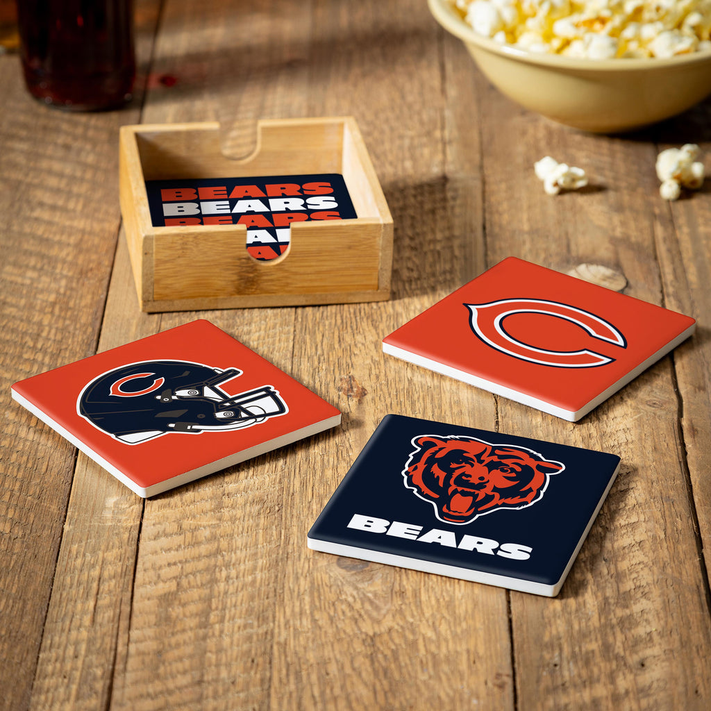 Chicago Bears Coaster Set 4 Piece with Wood Caddy - Evergreen Enterprises