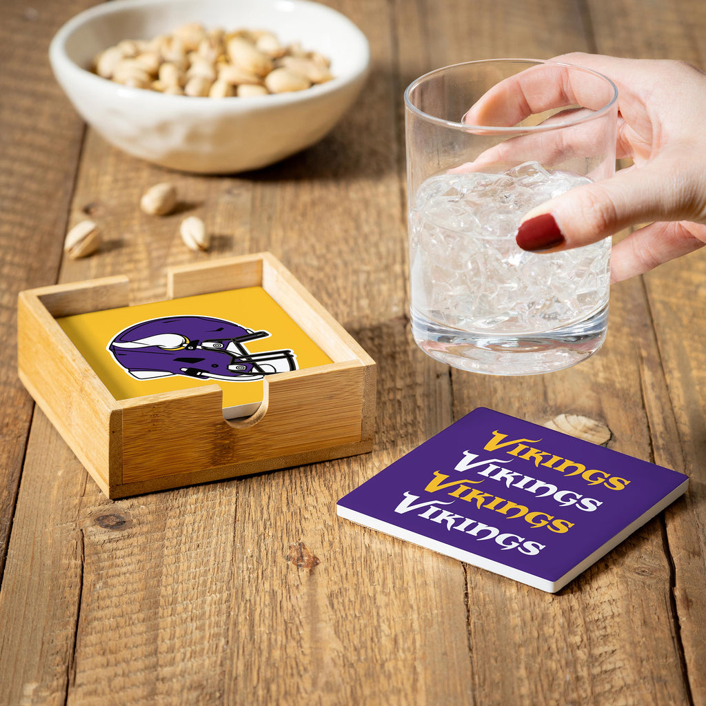 Minnesota Vikings Coaster Set 4 Piece with Wood Caddy - Evergreen Enterprises