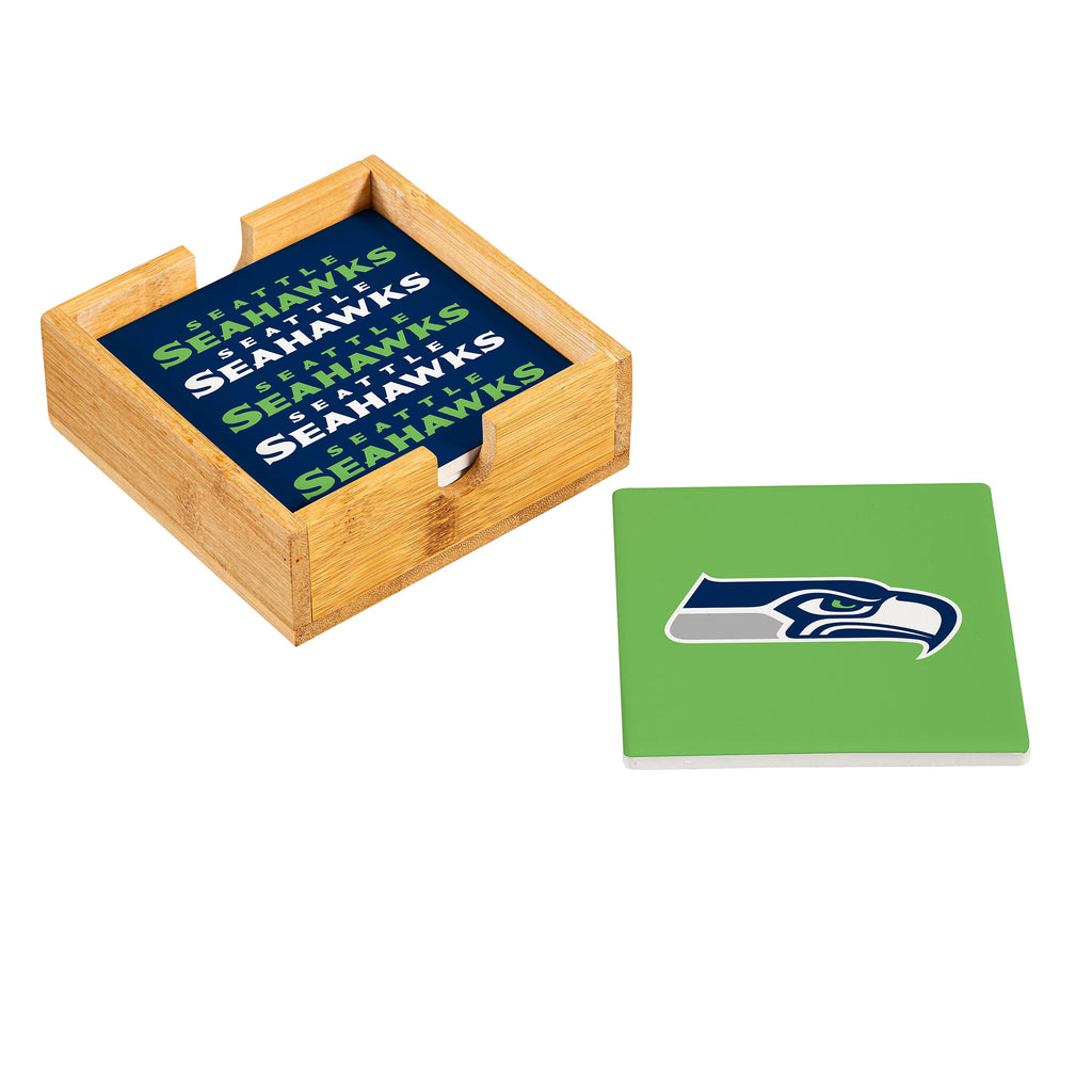 Seattle Seahawks Coaster Set 4 Piece with Wood Caddy - Evergreen Enterprises