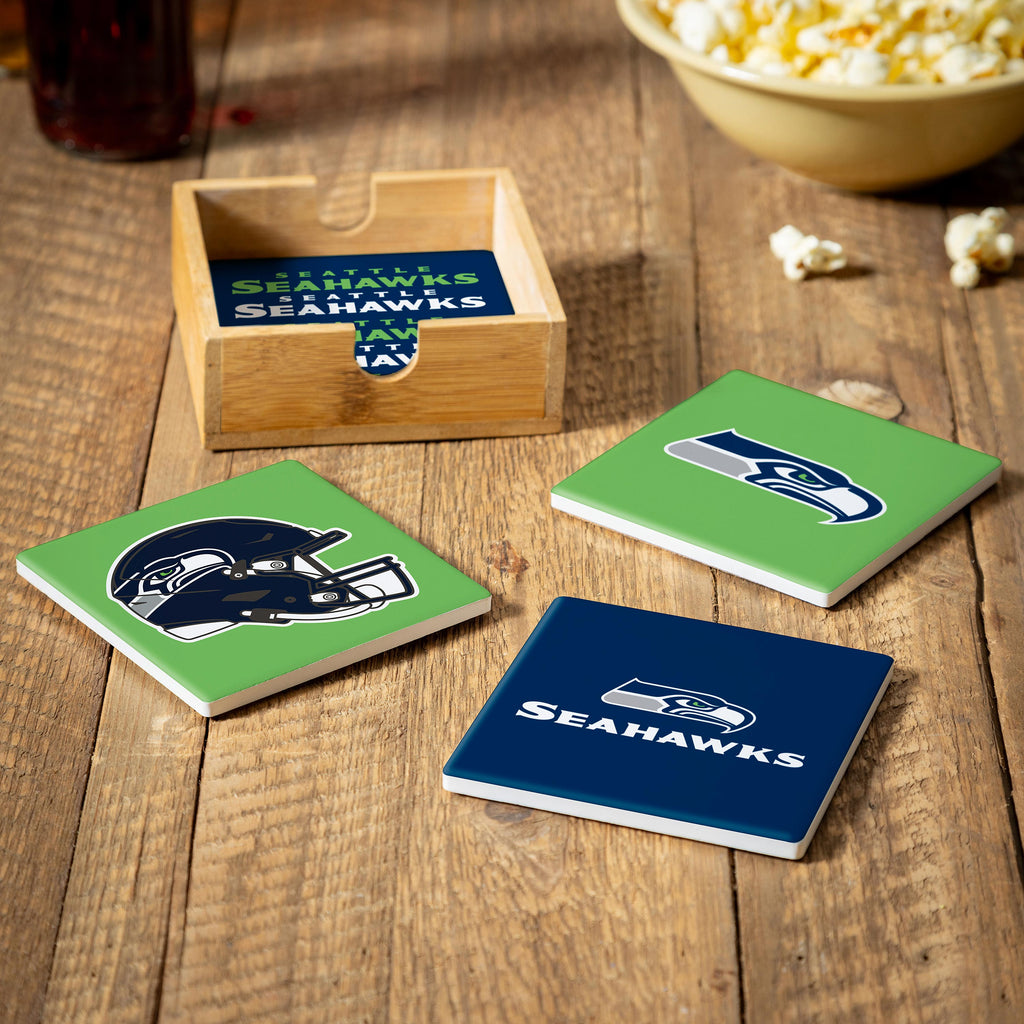 Seattle Seahawks Coaster Set 4 Piece with Wood Caddy - Evergreen Enterprises