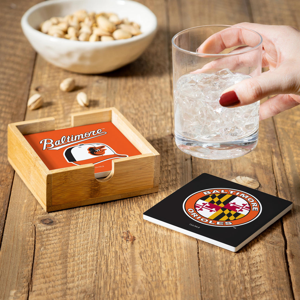 Baltimore Orioles Coaster Set 4 Piece with Wood Caddy - Evergreen Enterprises