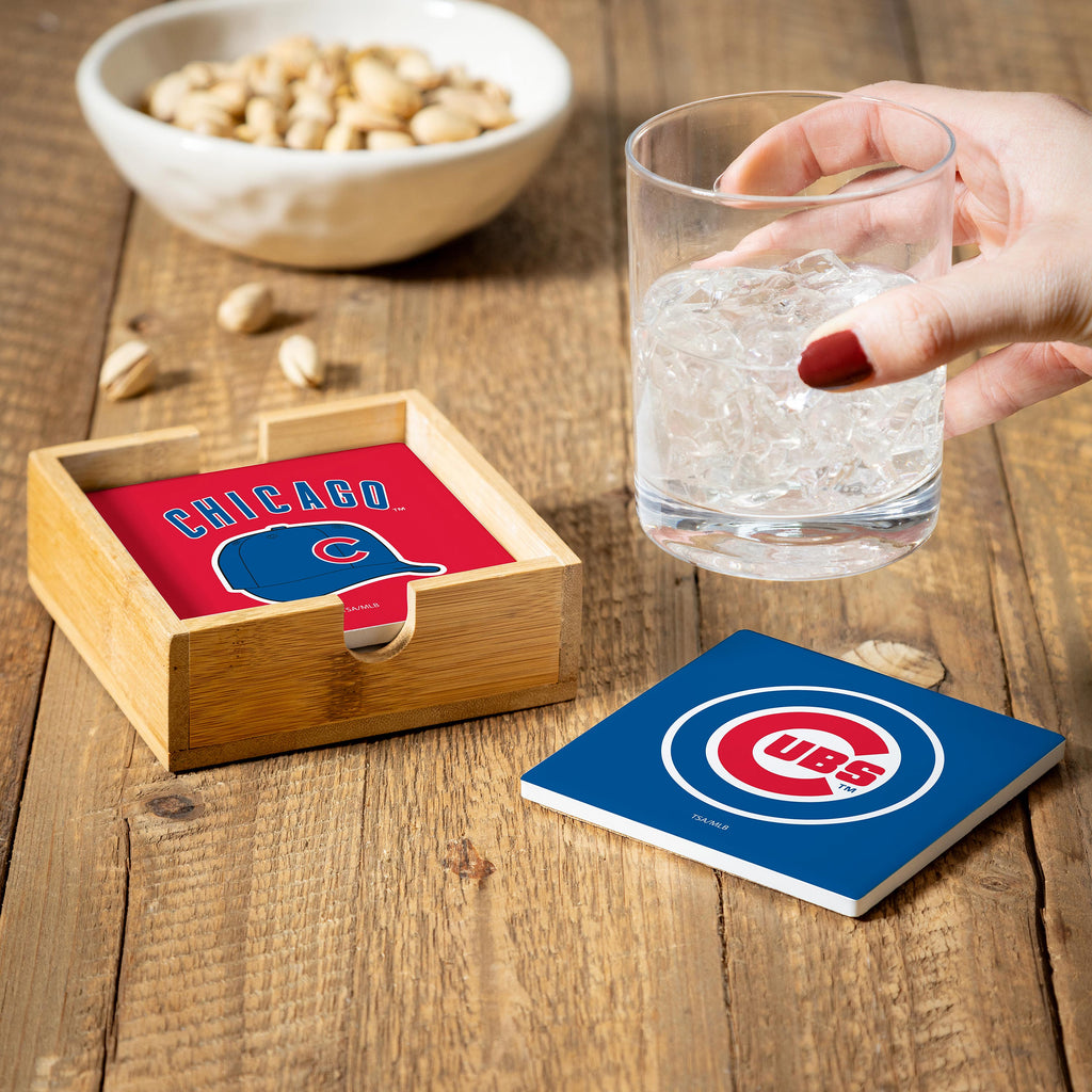 Chicago Cubs Coaster Set 4 Piece with Wood Caddy - Evergreen Enterprises